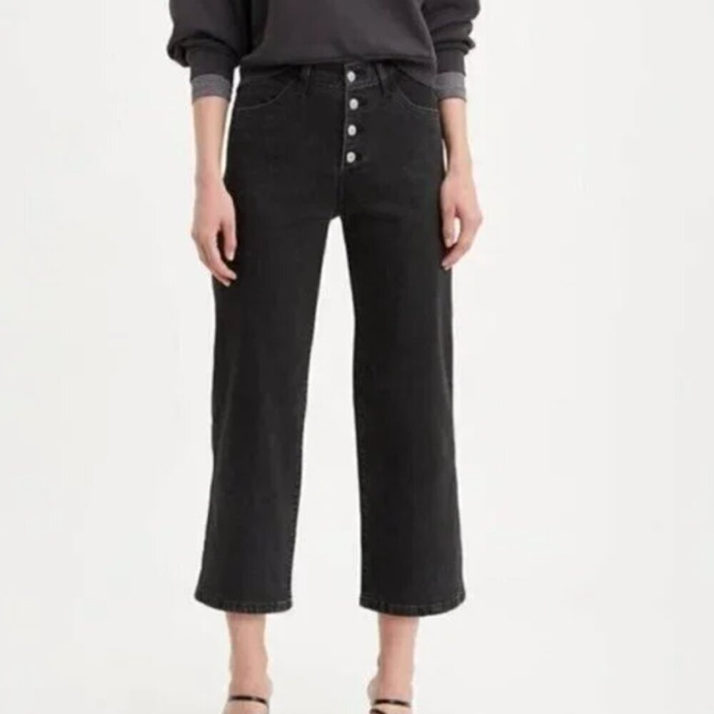 Levi's Mile High Cropped Wide Leg Jeans Women's Size 24 Black Denim Button Fly